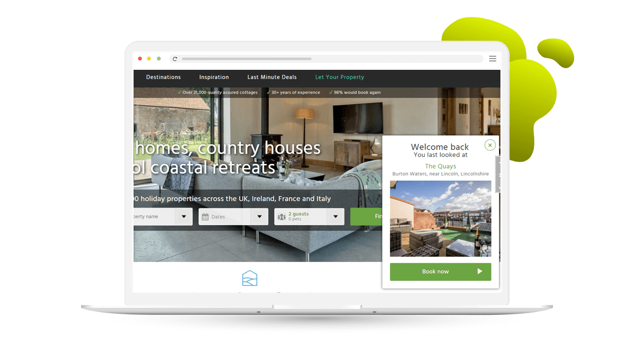 Welcome back popover with last viewed property on Cottages.com website
