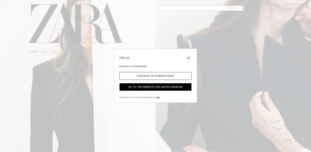 Zara location-based personalization popover.